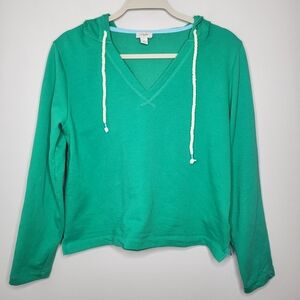 J. Crew Kelly Green V-Neck Hoodie Pullover with Tasseled Drawcord  Women’s Small